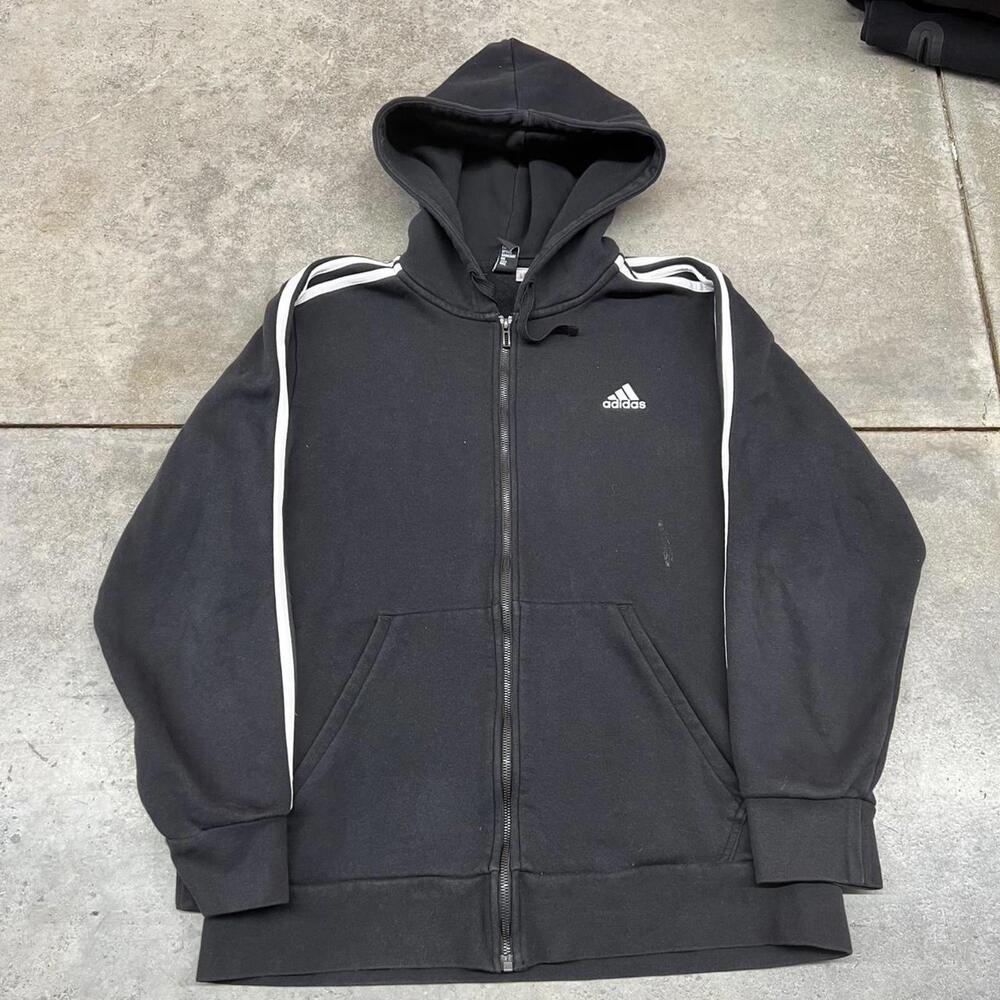 vintage adidas black and white small logo 3 striped sleeve zip up hoodie large